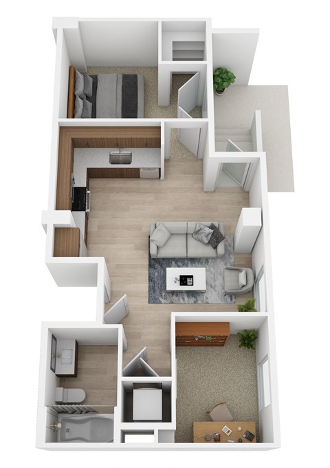 a stylized floor plan with a bedroom and a living room